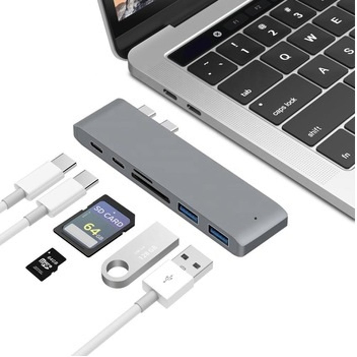 6 in 2 multifuctionele USB Type C Hub naar 2x USB 3.0 Poort + 2x USB C Poort + Micro SD / SD Kaartlezer – Macbook Pro – Thunderbolt | Macbook Pro USB C Hub - Spacegray